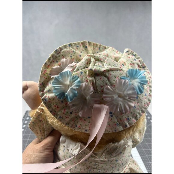 Vintage 1980s Cuddle Wit Bear Plush Doll With Floral Dress & Bonnet - Picture 5 of 10